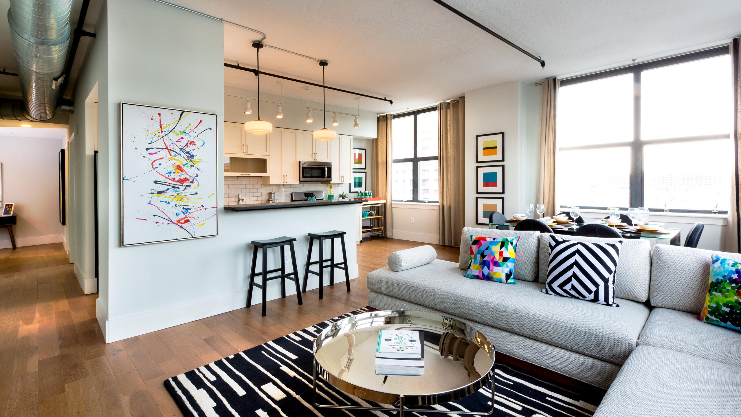 Interior architectural photograph at Cast Iron Lofts in Jersey City New Jersey.  City Homes and Gardens, Manhattan Building Company. Luxury rental apartments with numerous amenities. Swimming pool,gym,library,laundry in the apartments, high ceilings, wood floors, Viking appliances in the kitchen : IMAGES-Keywording : New York NY Architectural Photographer | Interior and Exterior