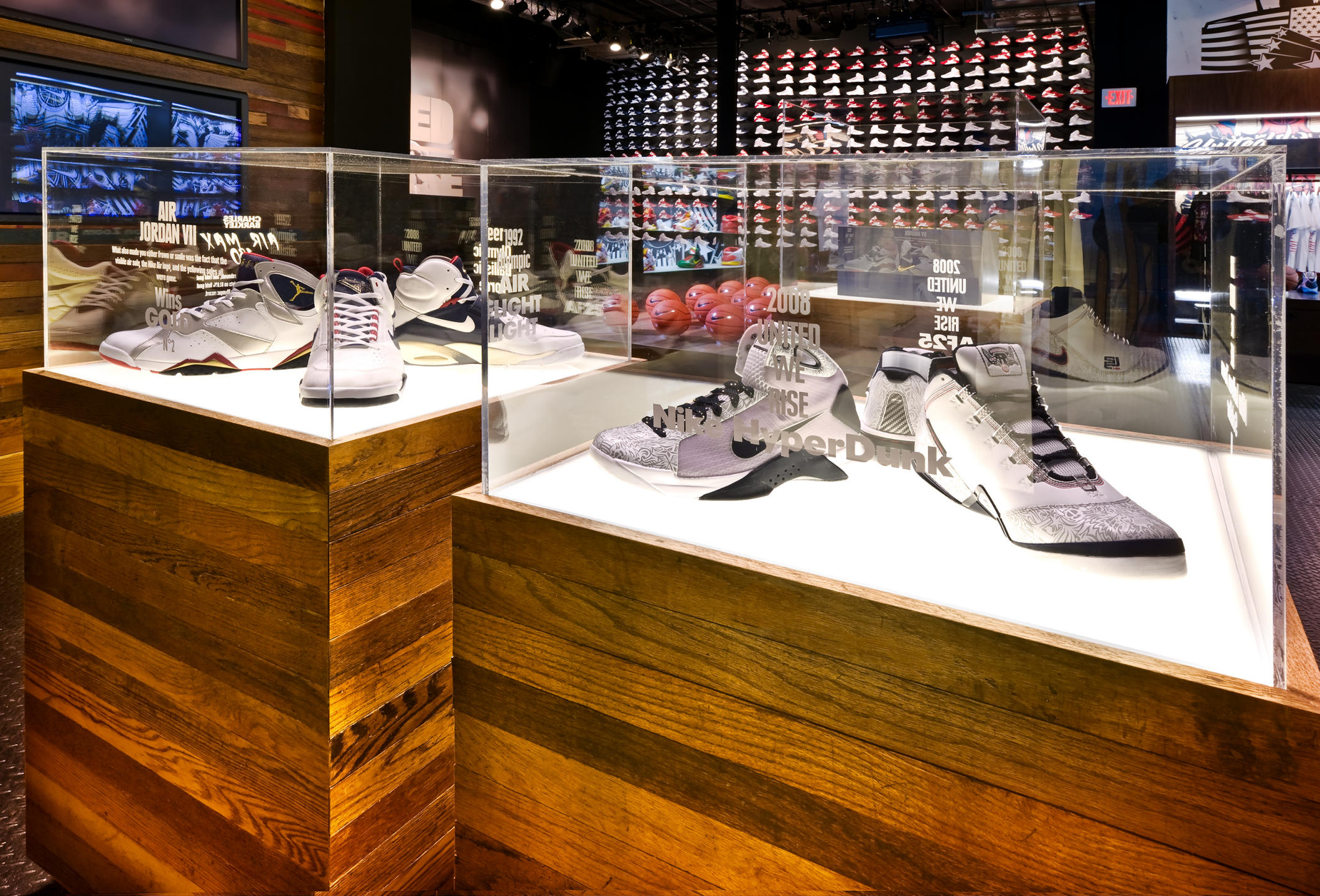 NIKE gallery in Harlem, NYC featuring NIKE products used by the professional basketball players.. cases built by Swift GC.
 : NIKE : New York NY Architectural Photographer | Interior and Exterior