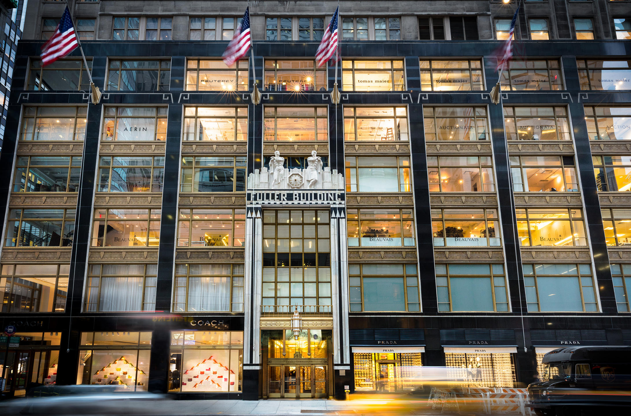 Front of the Fuller Building on 57th and Madison Avenue - NYC used on the website to set location for Dankner Milstein Lawfirm located in the Fuller Building - architectural exterior evening photograph : Miscellanous Projects : New York NY Architectural Photographer | Interior and Exterior