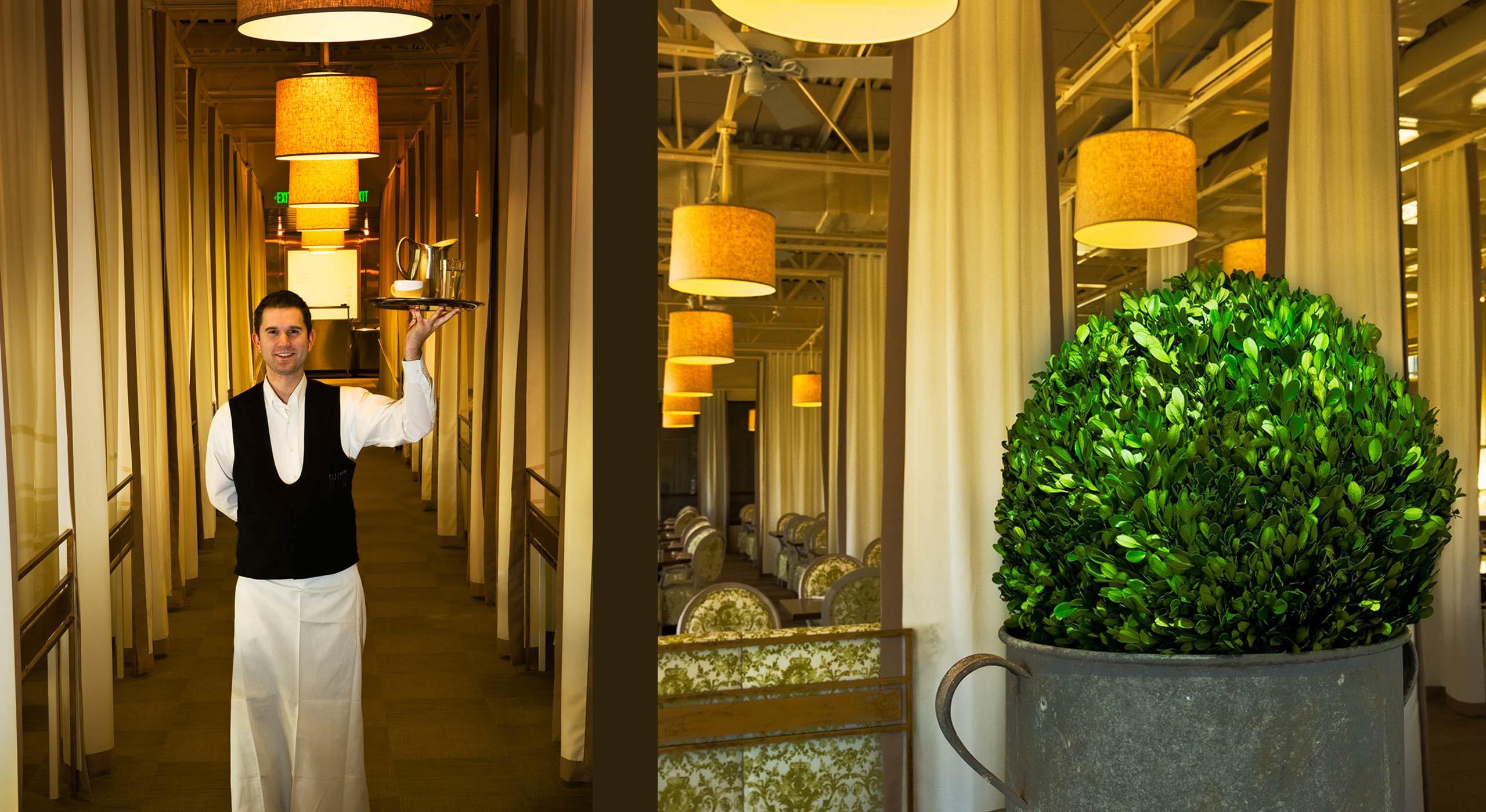 Waiter William Southerland in the Print Work Bistro at the Proximity Hotel eco-green hotel utilizing state of the art energy saving devices to reduce lighting energy usage.   : Solar Powered Hotel  : New York NY Architectural Photographer | Interior and Exterior Photography