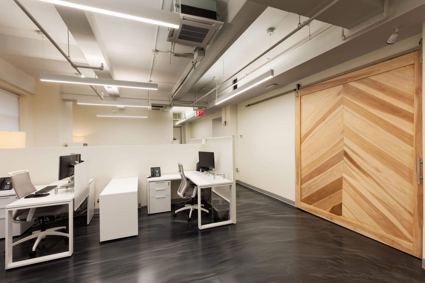 Office space warmed up with a soft colored movable wooden panel. : Dynamic Construction NY : New York NY Architectural Photographer | Interior and Exterior Photography
